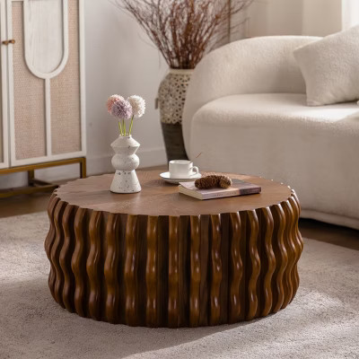 Mid-Century Modern Fluted Round Drum Coffee Table, Pedestal Accent Center Table for Living Room, Bedroom or Apartment - Panipeachy | Target