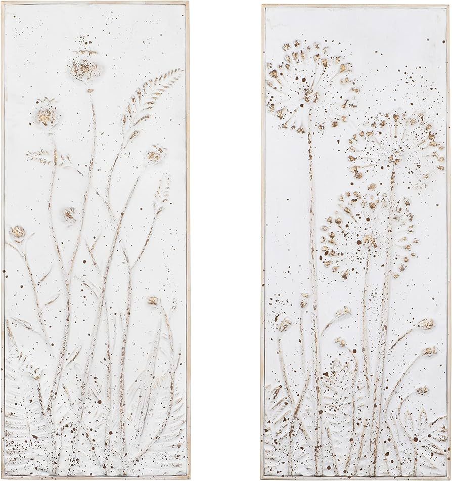 Creative Co-Op Wood and Metal Wall Décor with Flowers, White and Brown, Set of 2 | Amazon (US)