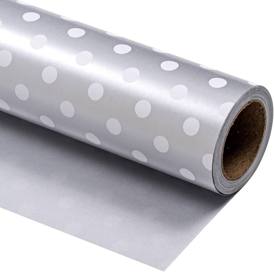 WRAPAHOLIC Reversible Wrapping Paper - Mini Roll - 17 Inch X 33 Feet - Silver Print and Polka Dot... | Amazon (US)