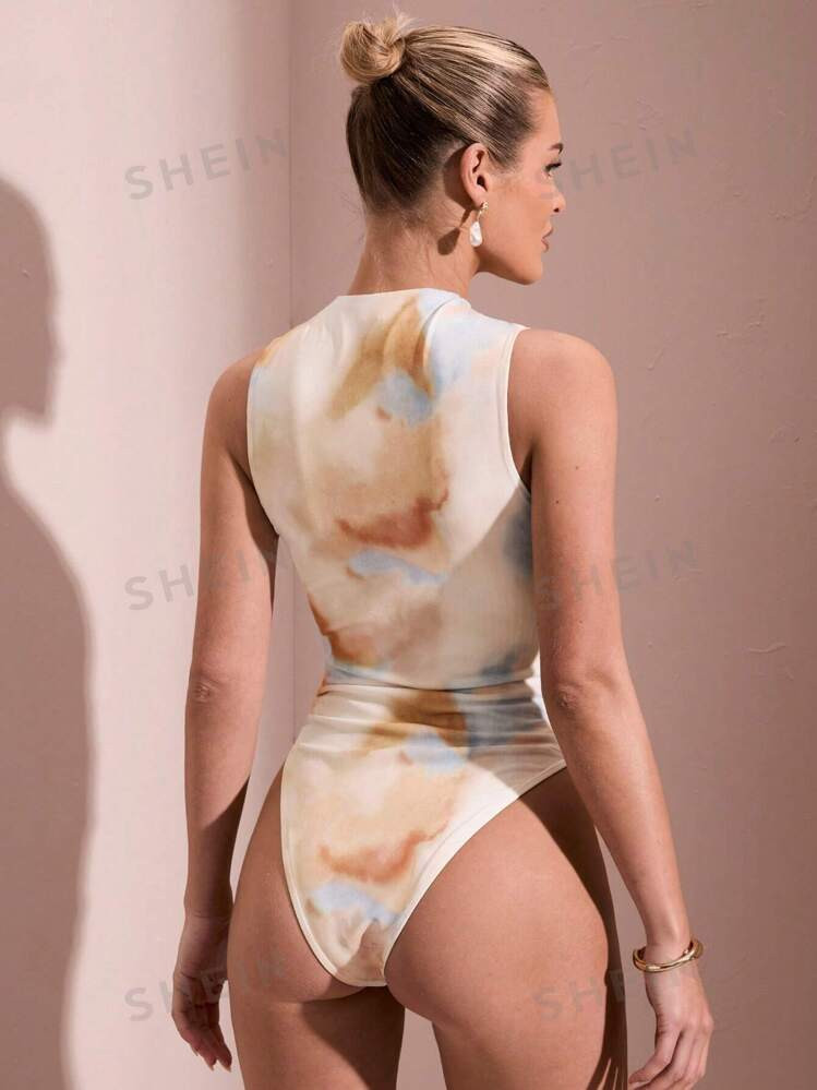 SHEIN BAE Women's Summer Tie-Dye Print Pleated Asymmetrical Bodysuit Sleeveless And Tight-Fitting... | SHEIN