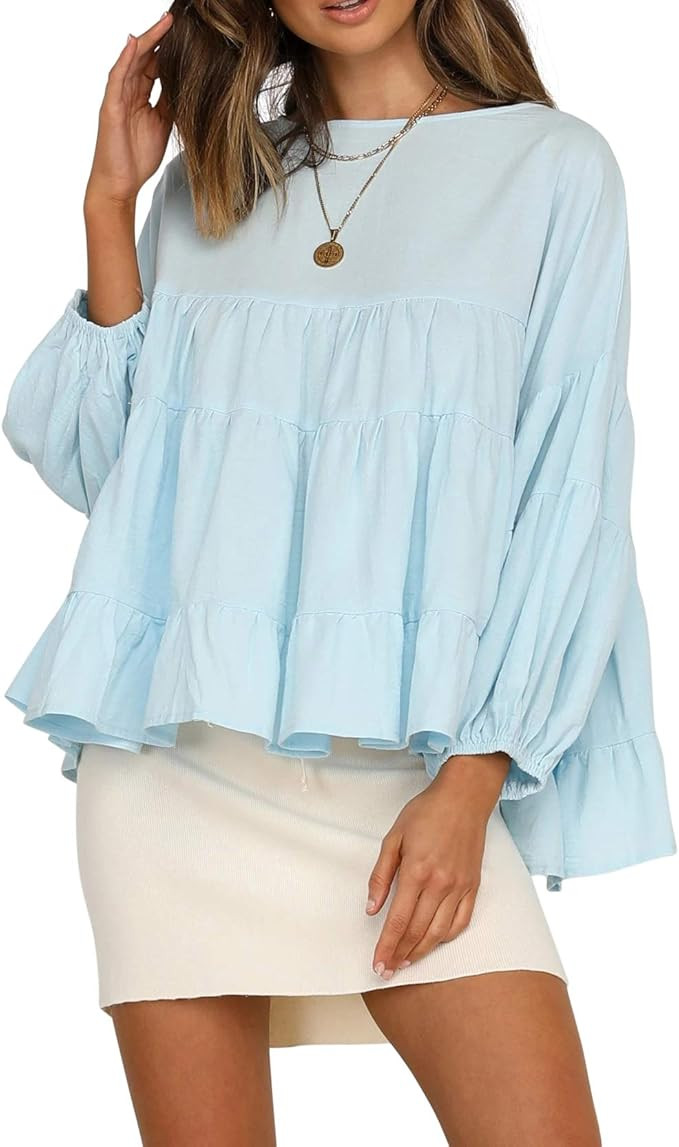 R.Vivimos Women's Fall Cotton Long Sleeves Casual Ruffle Babydoll Tunic Blouse Tops for Women | Amazon (US)