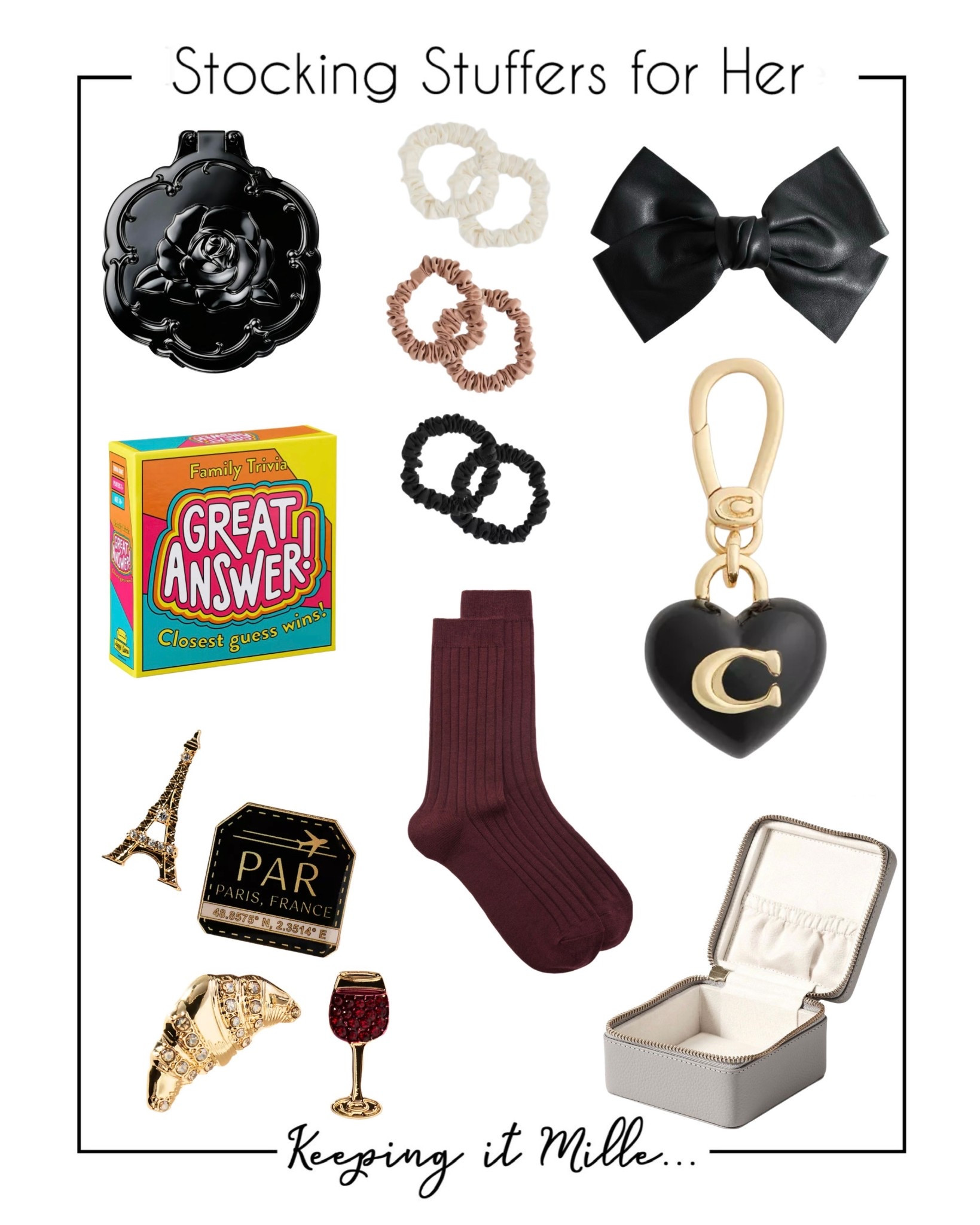 Stocking stuffers for her. Smallish gifts to fit in and fill the stocking.

Hair ties, bag charm, jewelry case

Gift guidee

#LTKHoliday #LTKGiftGuide #LTKFindsUnder100