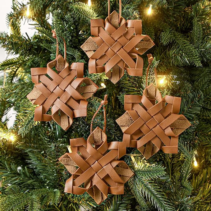 Soulchen 4 Pcs Rustic Christmas Tree Leather Snowflake Ornaments 4.9 Inch Vintage Farmhouse Chris... | Amazon (US)