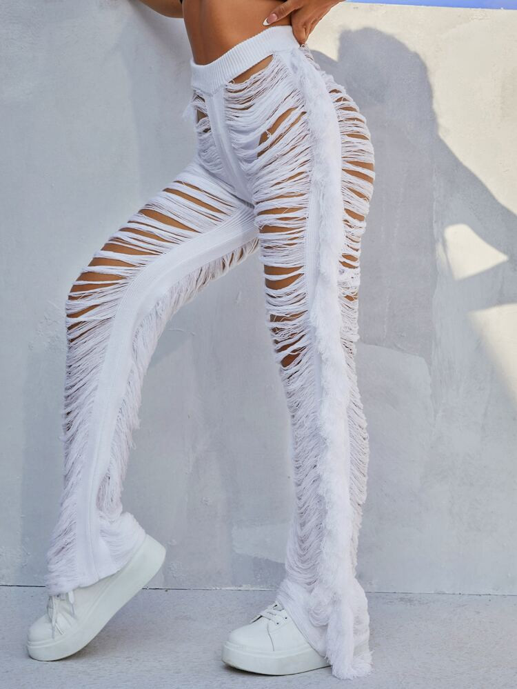 SHEIN Cut Out Fringe Trim Knit Pants | SHEIN