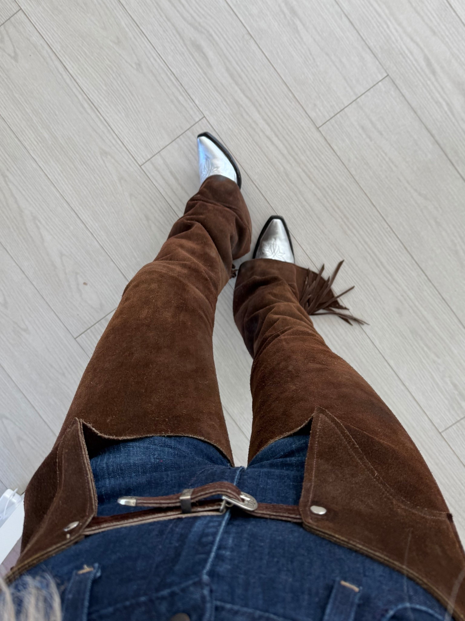 silver boots use code MACKENZIE10 to save 🤎 
chaps are thrifted but linked similar ones!

#LTKgrwm #LTKSeasonal