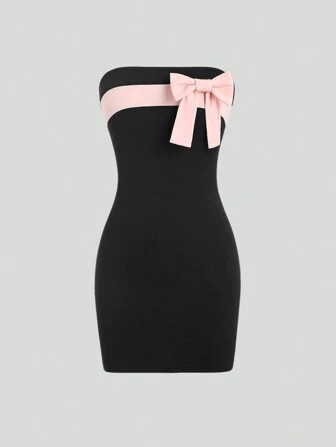 SHEIN MOD Color Block Strapless Dress With Bowknot Decor For Summer | SHEIN