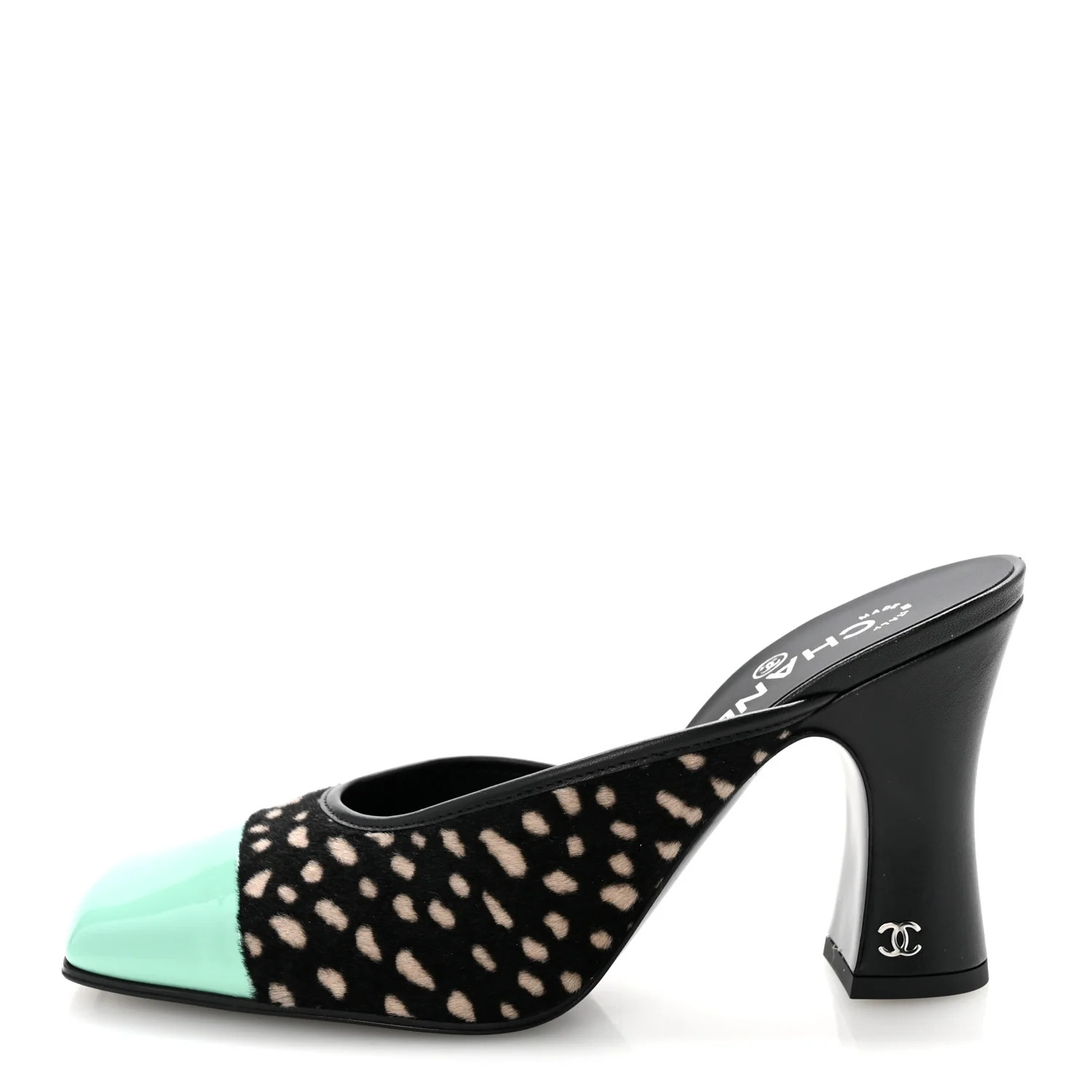Pony Hair Lambskin Patent Calfskin Cap Toe Mules 38.5 Black White Green | FASHIONPHILE (US)
