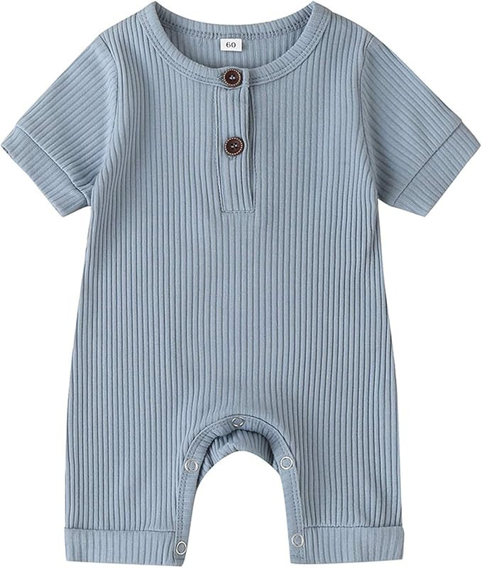 Newborn Baby Boy Girl Solid Romper Ribbed Knit Onesie Short Sleeve One Piece Jumpsuit Bodysuit In... | Amazon (US)