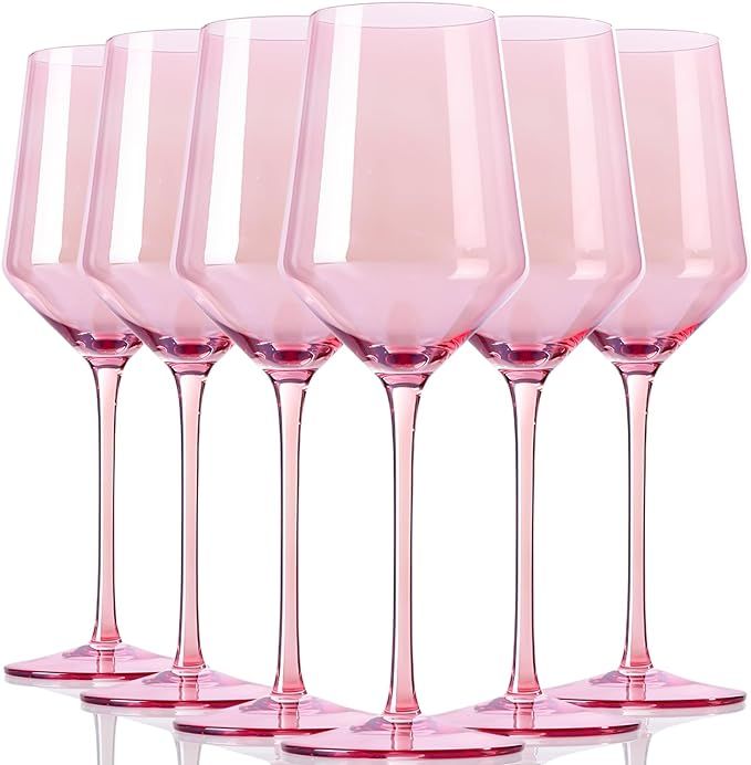 Pink Crystal Wine Glass Set of 6 - Hand-Blown Long Stem Wine Glasses, Unique Wine Glasses Gift Fo... | Amazon (US)