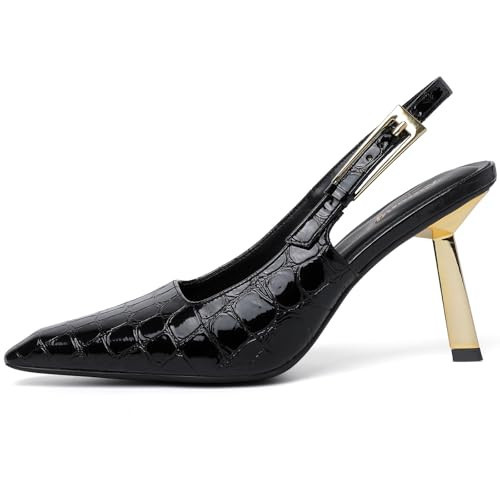 RIBONGZ Black Heels Slingback for Womens Closed Pointed Toe Stiletto High Heels Sexy Pumps Patent Leather Heeled Wedding Bride Prom Party Evening Dressy Shoes 10 | Amazon (US)