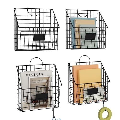 Yuzehuaza Hanging Wall File Holder Organizer Metal Wall Mount File Folders Holder Magazine Rack with Handles and Hooks , for Home Office, 4 Packs, Black (Patent Pending) | Amazon (US)