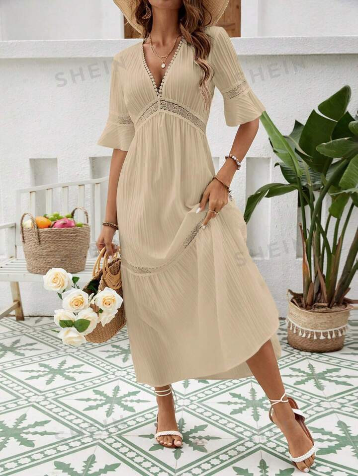 SHEIN VCAY Women Lace Patchwork Long V-Neck Charming Maxi Dress | SHEIN