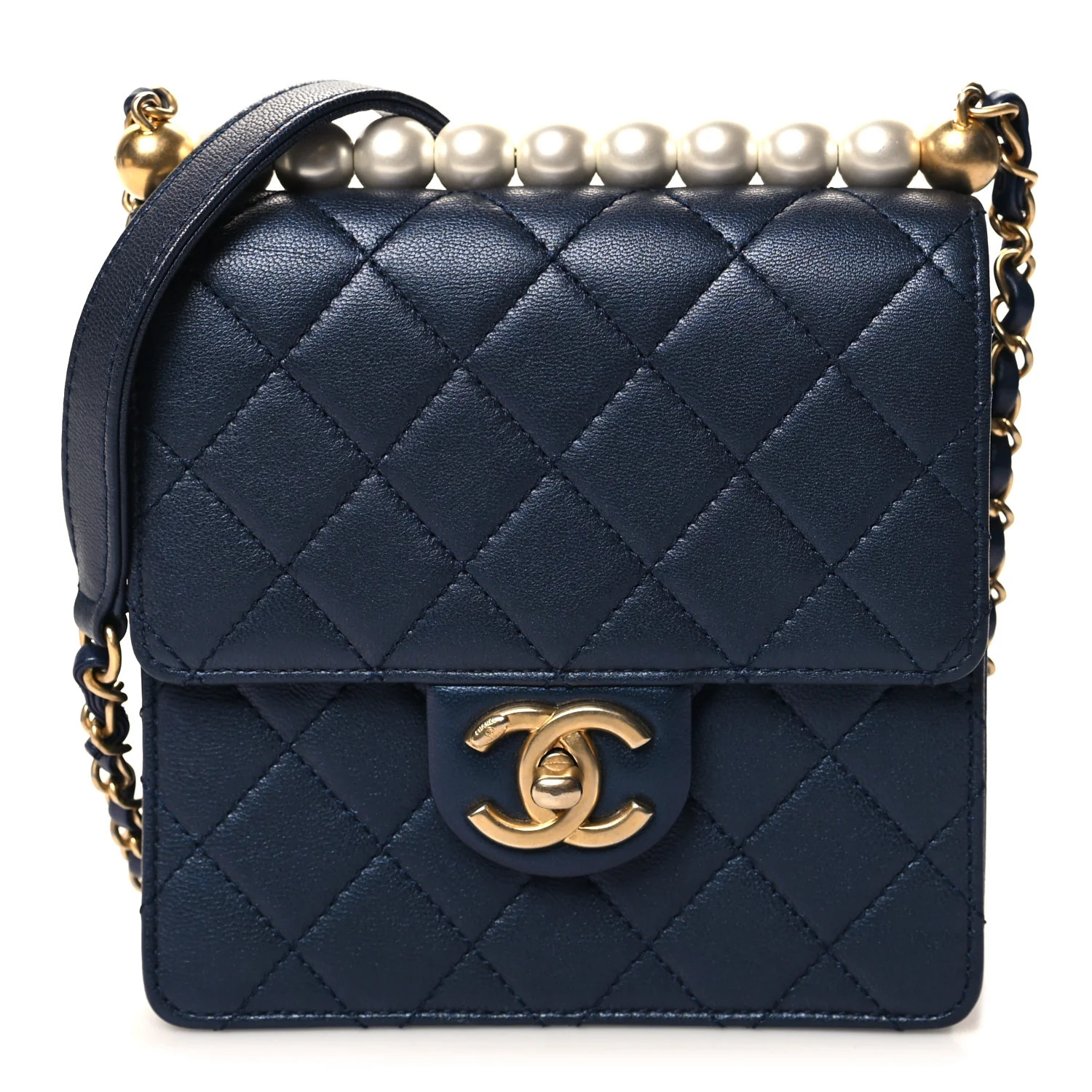 Iridescent Lambskin Quilted Chic Pearls Flap Navy Blue | FASHIONPHILE (US)