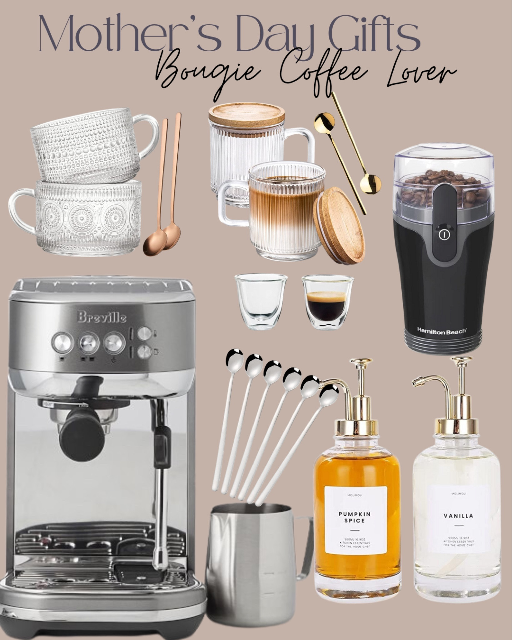 Coffee espresso machine, coffee grinder, latte mugs, glass mugs, espresso spoons, coffee syrups, syrup pumps, espresso cups,
Breville

#LTKhome #LTKGiftGuide #LTKFind