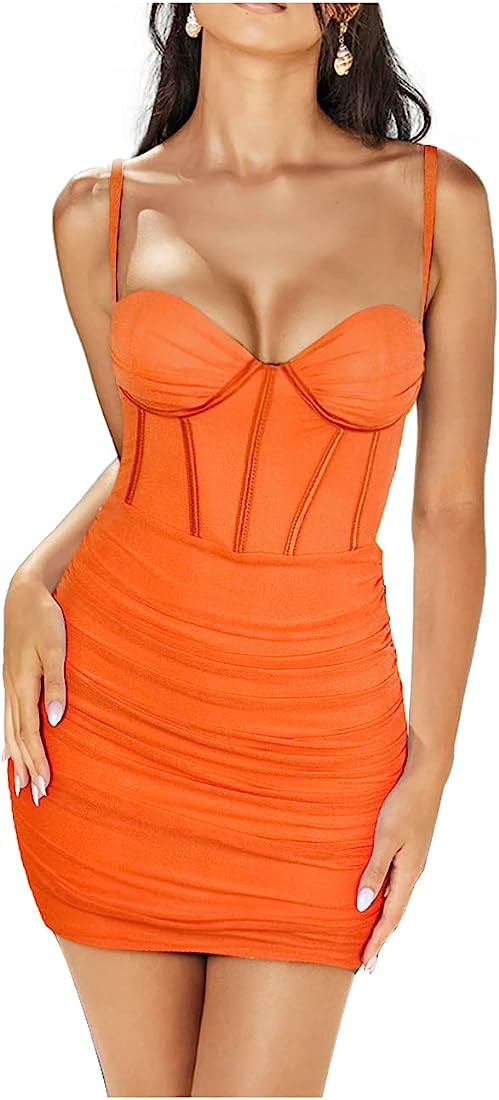 Joukavor Women's Ruched Mesh Bodycon Cami Dress Spaghetti Strap Corset Mini Dress | Amazon (US)