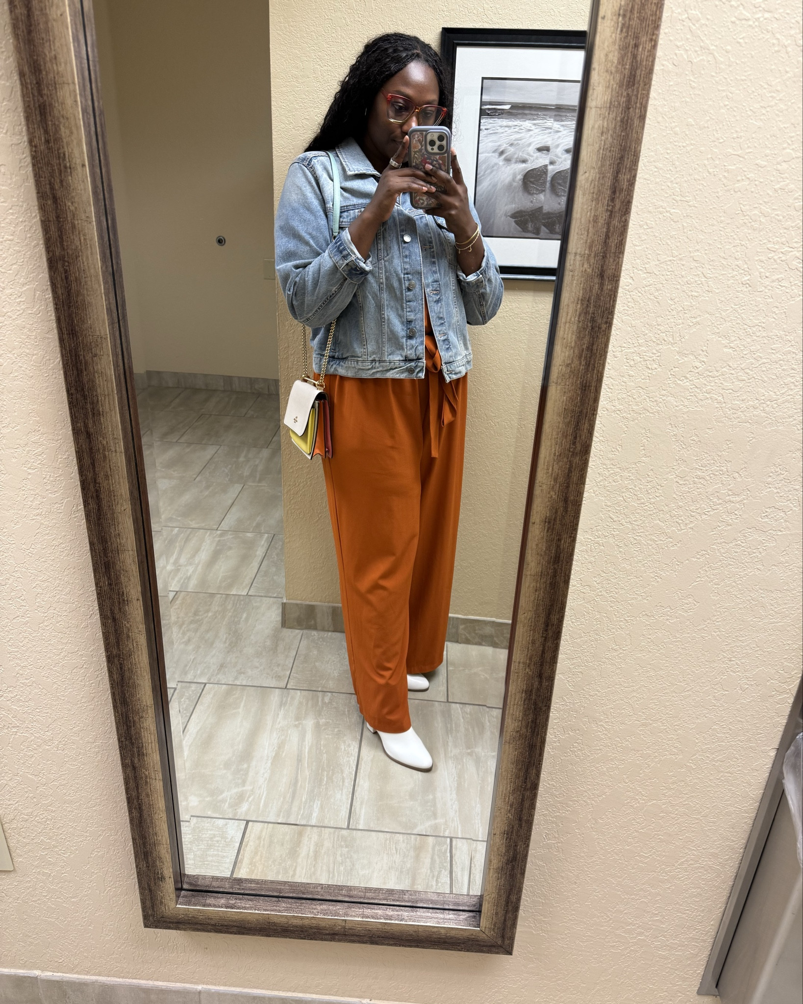 Denim + Rust = The perfect transition combo. 🍂 I’m obsessed with the fit of these wide-leg trousers—they are comfortable enough for a long day but look so polished. Paired it with a cropped denim jacket and white boots to keep it fresh. 

 #LTKPlusSize #LTKootd #LTKTall