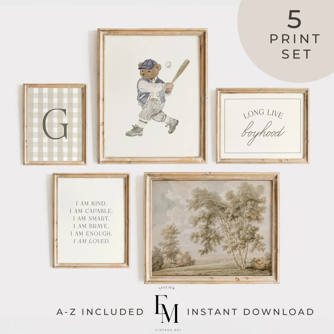 Vintage Baseball Bear Wall Art Set of 5 Baseball Ralph Lauren Timeless Wall Decor Boy Decor Vinta... | Etsy (US)