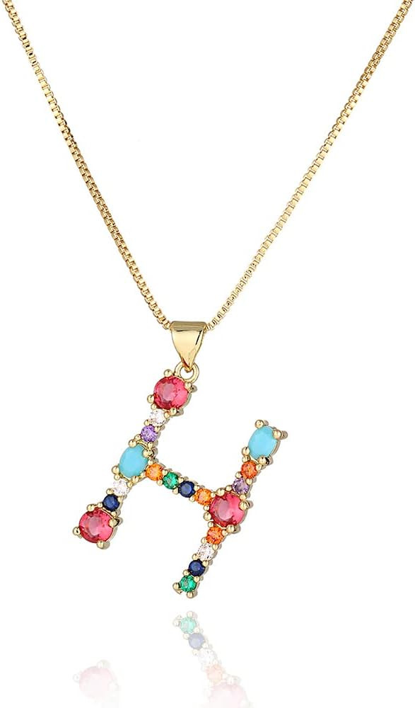 Eben-Ezer 18K Gold Box Chain Choker Initial Necklace Multi-Color Zircon Letter Pendant Script Nam... | Amazon (US)