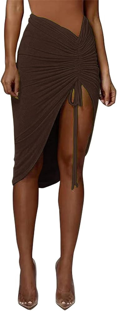 PRIMODA Women's Asymmetrical Bodycon Drawstring Ruched Midi Skirt with Thigh High Slit | Amazon (US)
