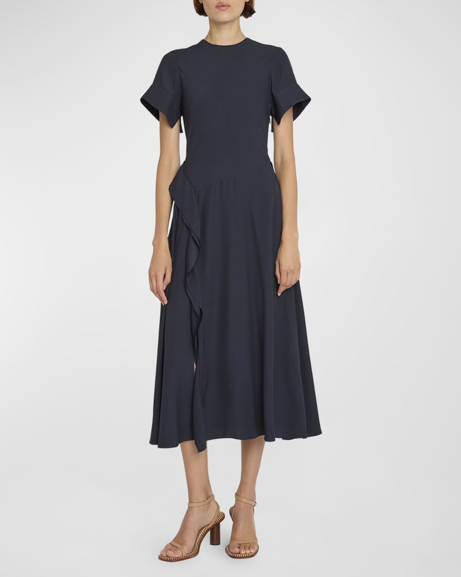 Ulla Johnson Cassia Ruffled Short-Sleeve Midi Crepe Dress | Neiman Marcus