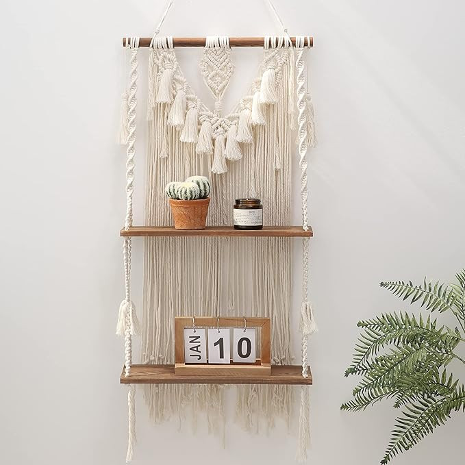 ANROYE 2 Tier Macrame Boho Wall Hanging Shelf, Handmade Bohemian Wooden Woven Plant Floating Shel... | Amazon (US)