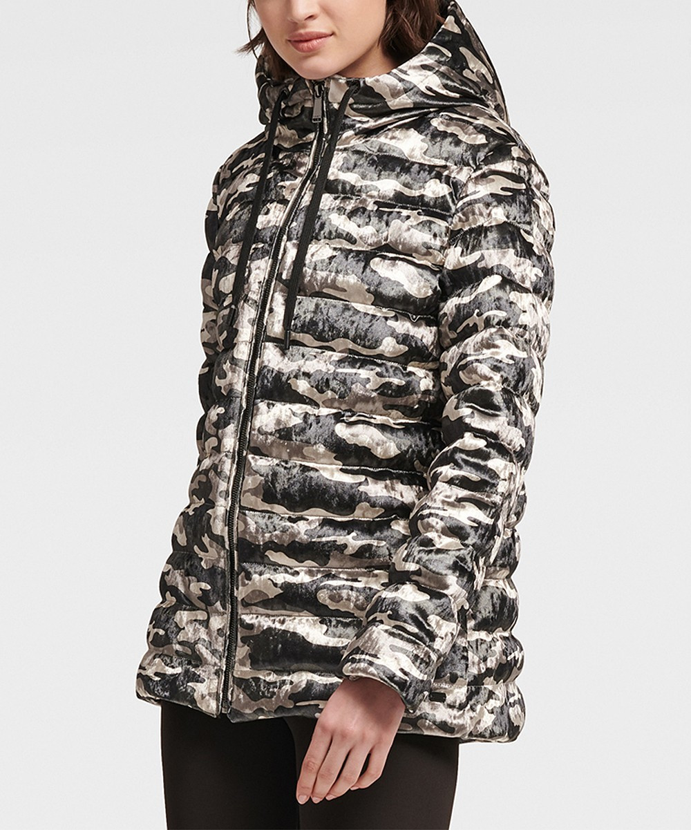 DKNY Women's Puffer Coats ARMY - Army Green Camouflage Crushed Velvet Down Puffer Jacket - Women | Zulily
