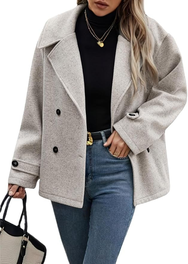 chouyatou Women's Winter Loose Fit Cropped Wool Coat Double Breasted Dressy Short Blazer Jacket P... | Amazon (US)
