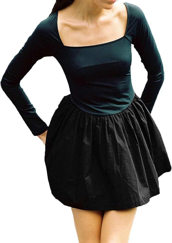 Honganda Women's Bodycon Mini Dress Long Sleeve Square Neck Slim Fit Romper Skirt Short Dress | Amazon (US)