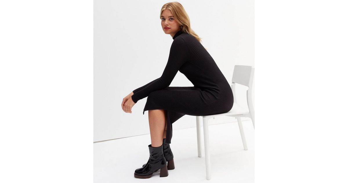 Tall Black Ribbed Knit High Neck Midi Dress | New Look | New Look (UK)