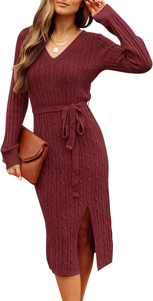 MEROKEETY Women's V Neck Cable Knit Sweater Dress Long Sleeve Bodycon Slit Pullover Midi Dresses ... | Amazon (US)
