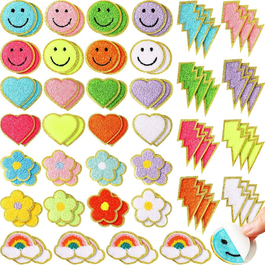 Hanaive 80 Pcs Chenille Patches Self Adhesive Patches 3D Cute Embroidered Rainbow Lightning Smile... | Amazon (US)
