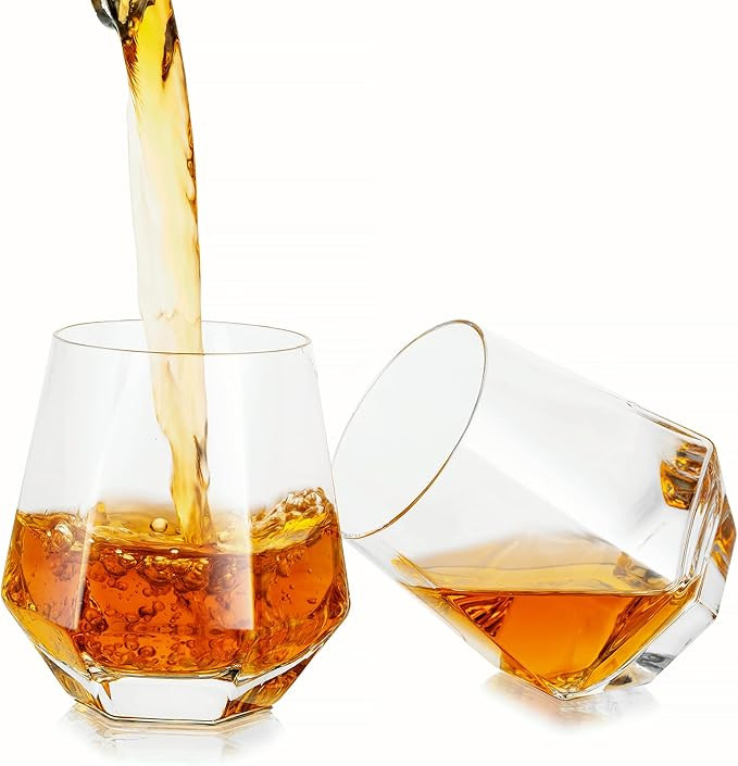 Hanobe Diamond Whiskey Glasses - Set of 2 Unique Geometric Tilted Wine Tumbler Crystal Old Fashioned | Amazon (US)