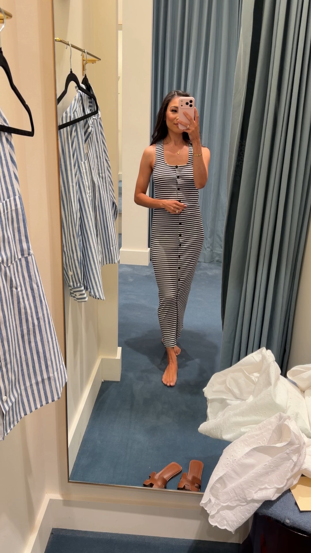 Cotton midi dress perfect for summer. Also breastfeeding friendly with the buttons. Wearing size XS, fits true to size. Would be transitioned into fall with a cardigan or shirt on top.

#LTKPetite #LTKSeasonal