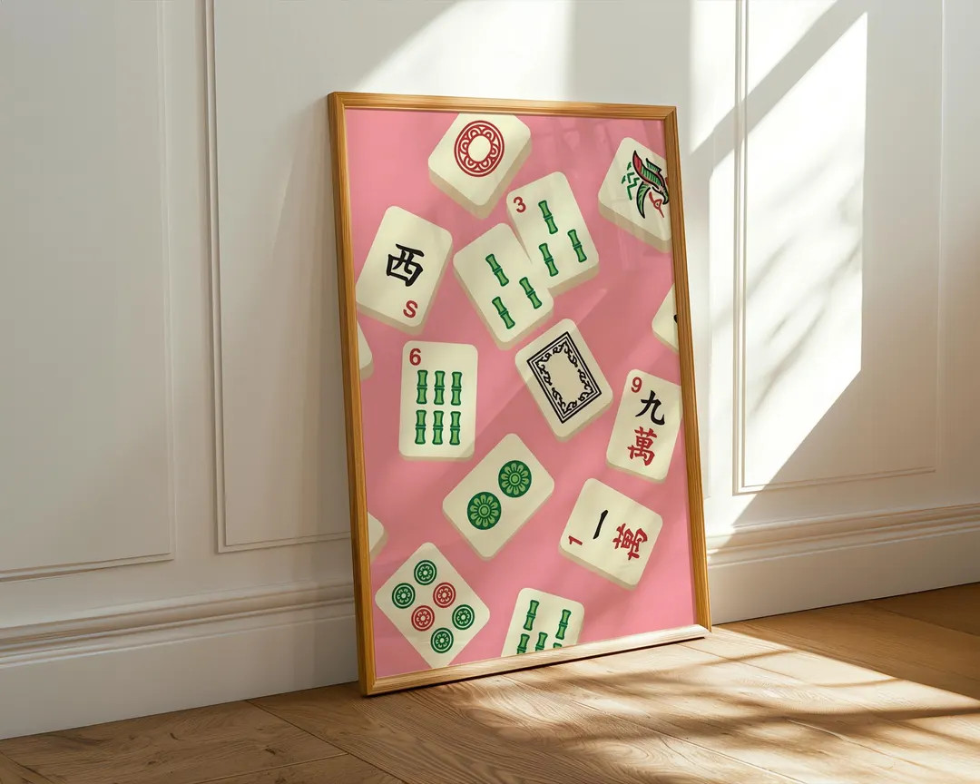Mahjong Tiles on Pink, Flat Vector Game Night Print, Retro Chic Wall Art | Etsy (Global)