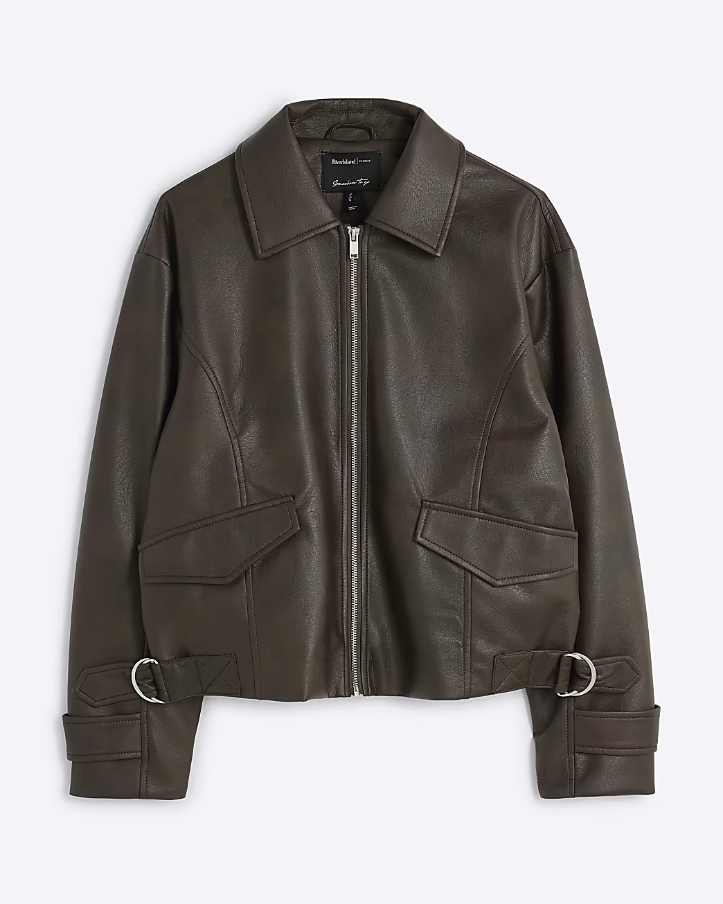 Brown Faux Leather Distressed Bomber Jacket | River Island UK & IE