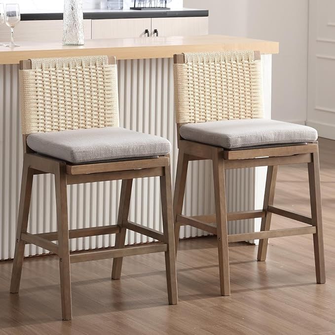 DUOMAY Modern Bar Stools Set of 2, 27" Counter Height Barstools with Woven Back, Linen Upholstere... | Amazon (US)