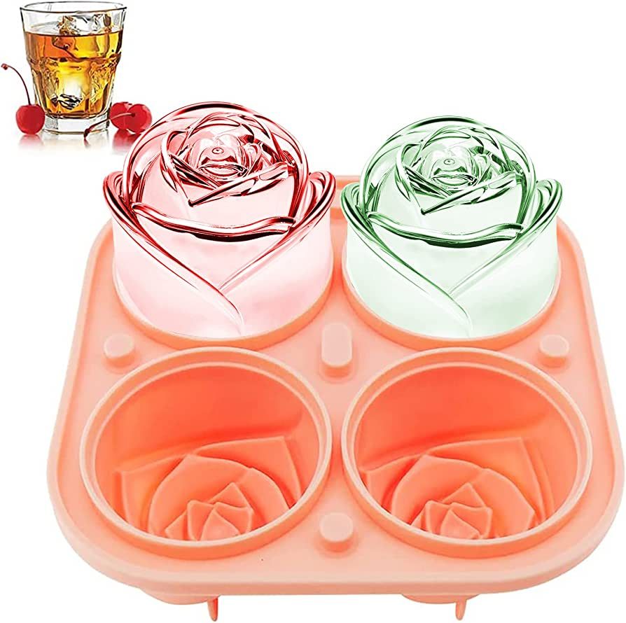 KooMall 3D Rose Ice Molds 2.5 Inch, Large Ice Cube Trays, Make 4 Giant Cute Flower Shape Ice, Sil... | Amazon (US)