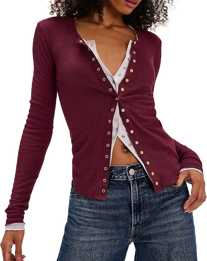 Long Sleeve Button Down Shirts for Women Cute Tops Fall Cardigan Sweater Waflle Knit Tops | Amazon (US)