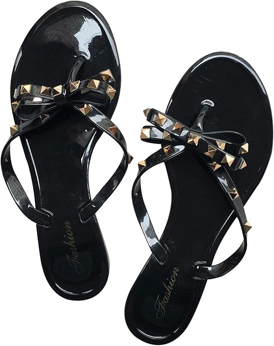 Womens Bow Flip Flops Sandals Studded Jelly Shoes Summer Beach Thong Slippers | Amazon (US)