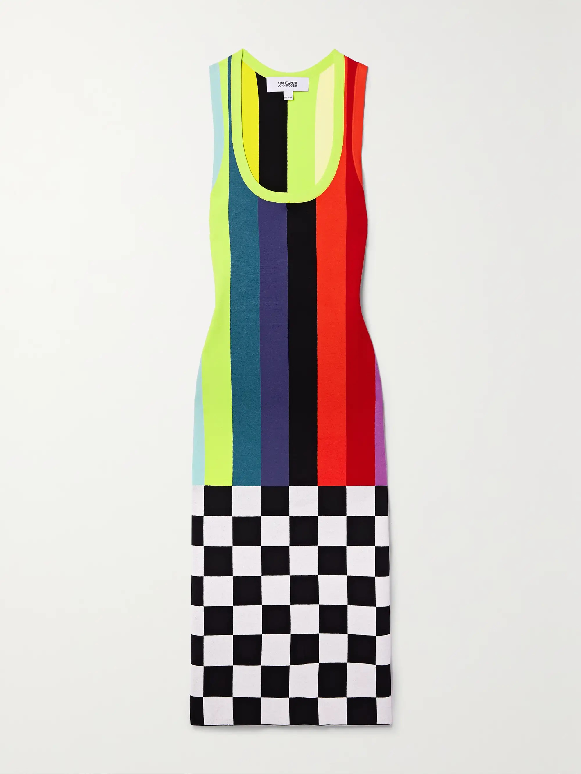 Striped checked stretch-knit midi dress | NET-A-PORTER (US)