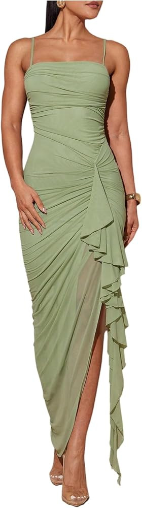Floerns Women's Elegant Mesh Cami Dress Ruched Ruffle Side Slit Bodycon Maxi Prom Dresses | Amazon (US)