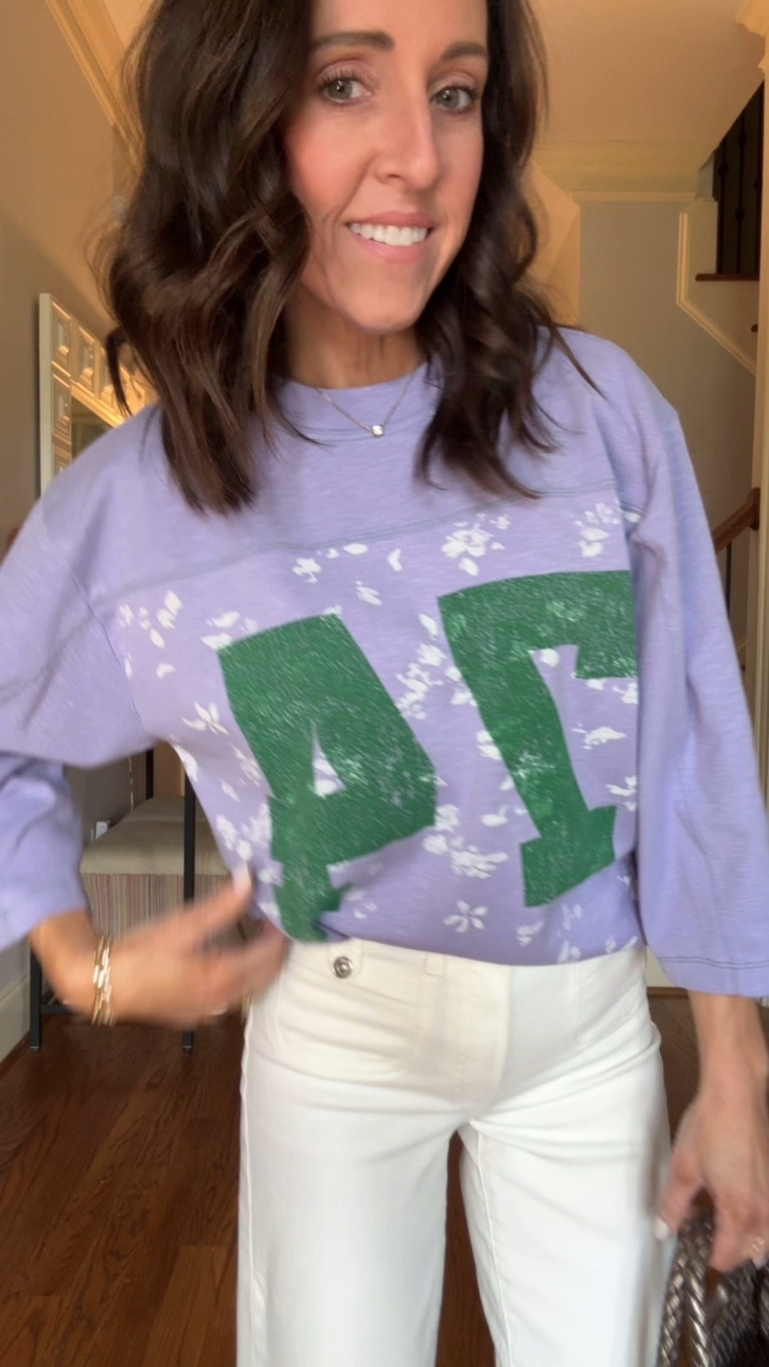 Spring new arrivals at Anthropologie. Varsity tee. Ecru jeans. 
Tee XS. Jeans down 1 size, 24

#LTKOver40 #LTKootd #LTKSeasonal