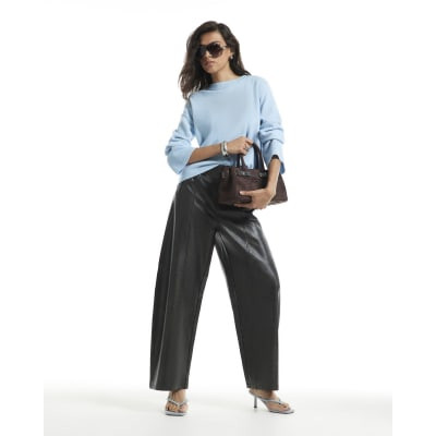 Brown Faux Leather Seamed Barrel Leg Trousers | River Island UK & IE