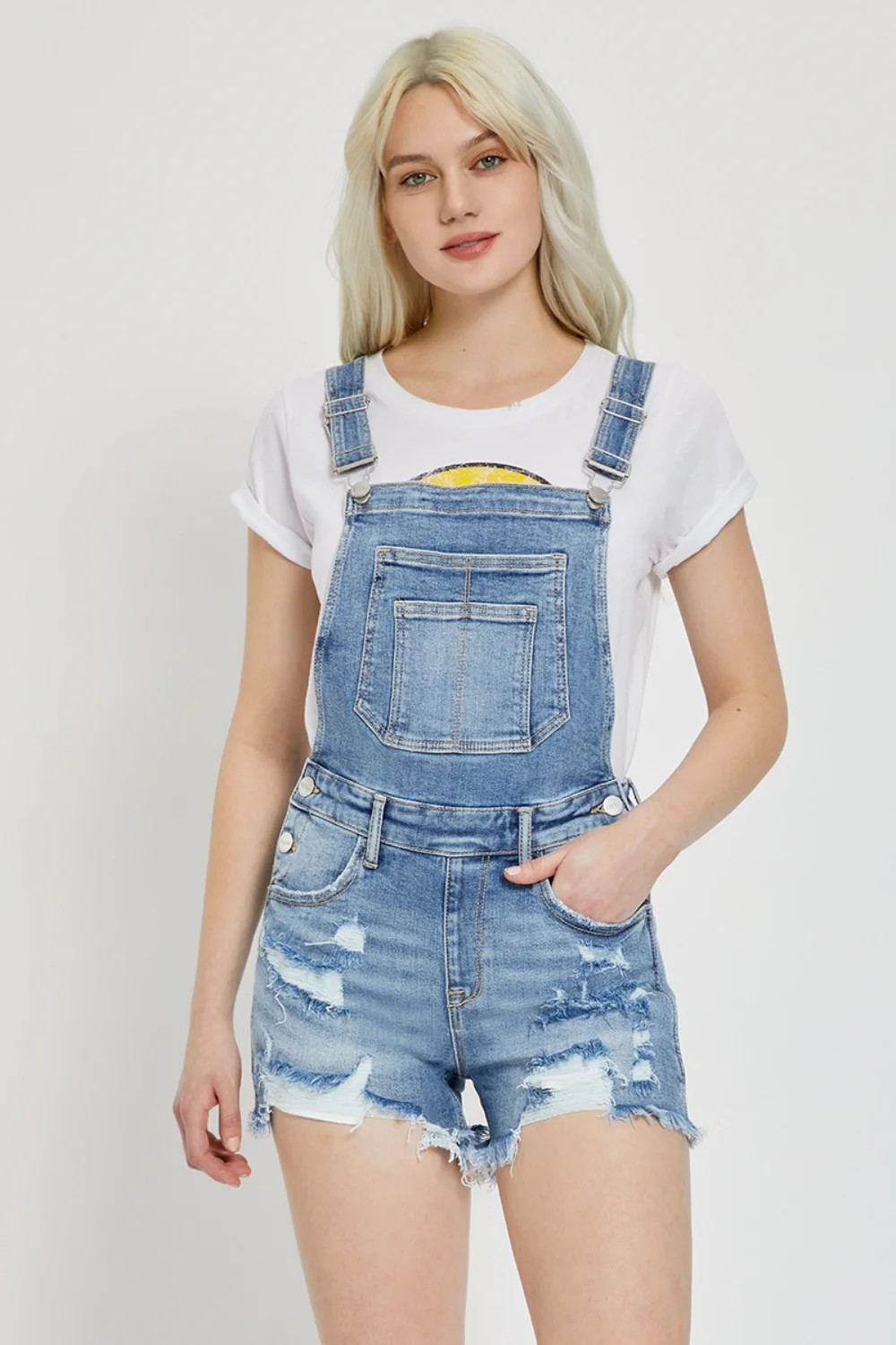 RISEN Distressed Raw Hem Denim Overalls Medium / S | Casual Chic Boutique