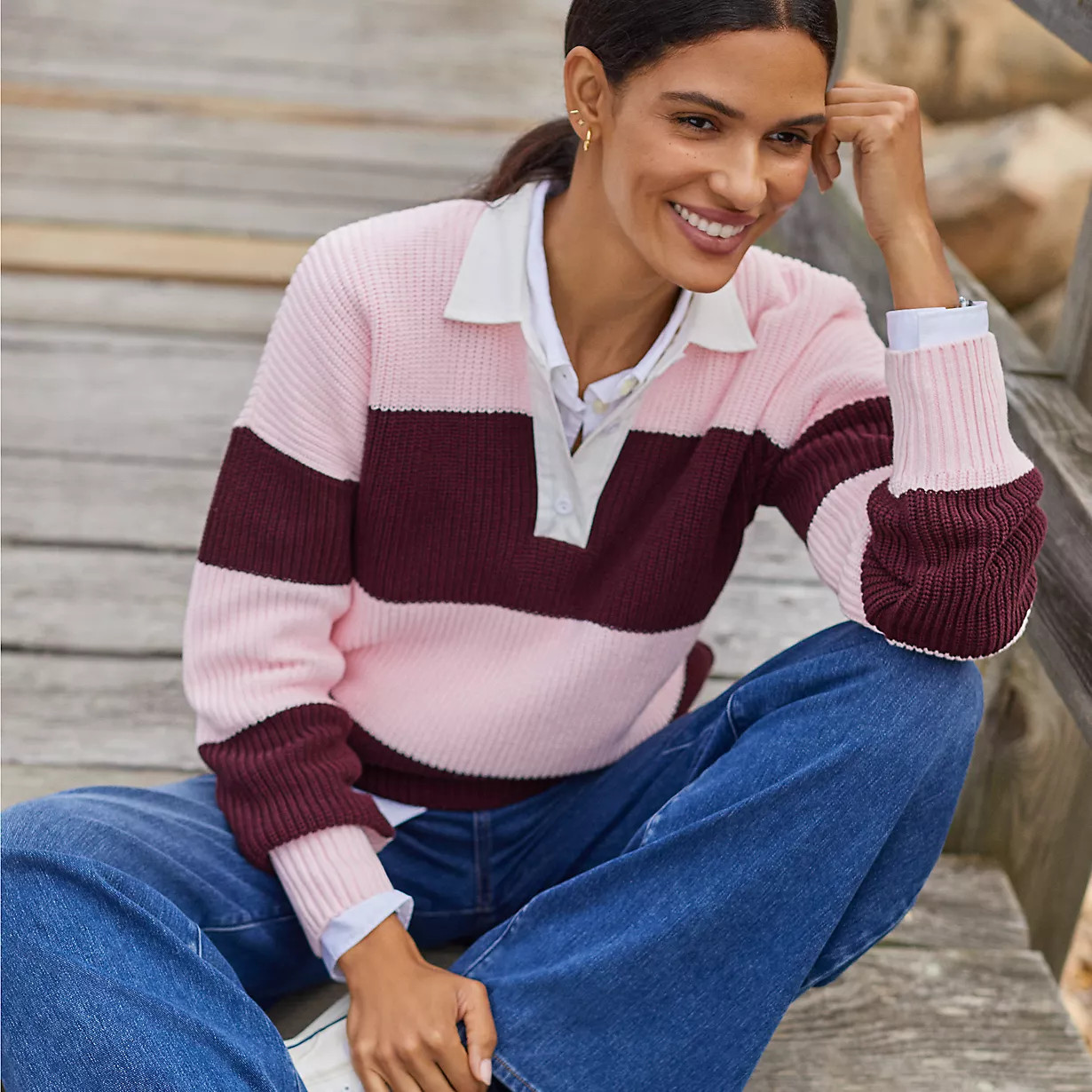 Women's Drifter Rugby with Woven Collar Sweater | Lands' End (US)