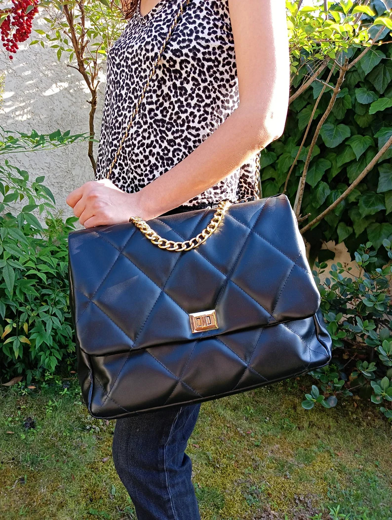 XL DIAMONDS ETERNAL Genuine Leather Crossbody Bag, Quilted Large Bag, Minimalist Flap Bag, Conver... | Etsy (US)