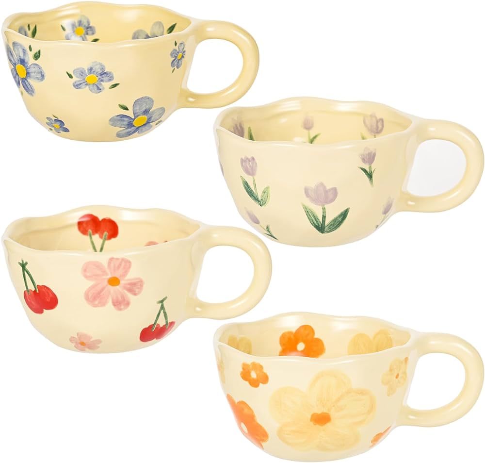 MAKCNMYM Ceramic Coffee Mug Set of 4 Vintage Flower Mugs 10 oz Cute Floral Coffee Mug Irregular L... | Amazon (US)