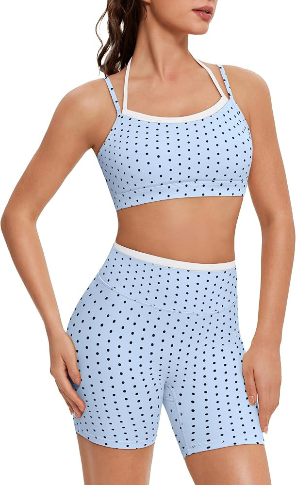 OMKAGI Workout Sets for Women Cute Doubel Layer Open Back Sports Bras Gym Shorts Outfits | Amazon (US)