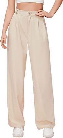 SweatyRocks Women's Casual Wide Leg High Waisted Button Down Straight Long Trousers Pants | Amazon (US)