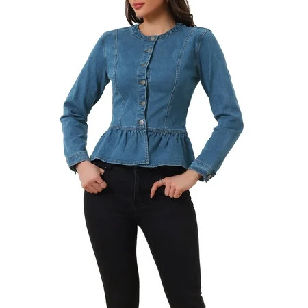 INSPIRE CHIC Women's Denim Jackets Button Down Peplum Hem Long Sleeves Cropped Jean Jacket Denim Blue XS | Walmart (US)